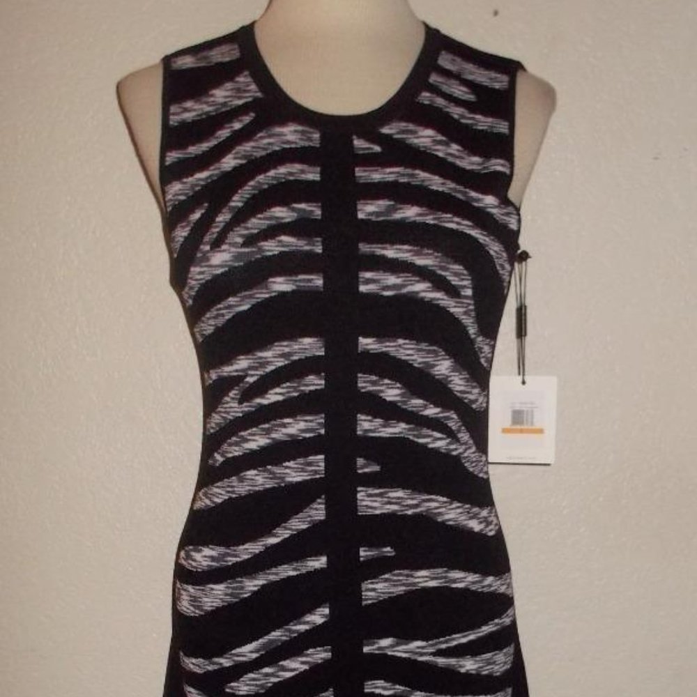 CALVIN KLEIN MS SZ SMALL BLACK & EGGSHELL WHITE ANIMAL PRINT FRONT PANEL DRESS